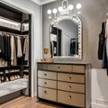 A vintage-inspired dressing room with a vanity table, a full-length mirror, and a walk-in closet with organized storage for clot Royalty Free Stock Photo