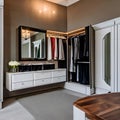 A vintage-inspired dressing room with a vanity table, a full-length mirror, and a walk-in closet with organized storage for clot Royalty Free Stock Photo