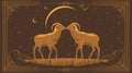 A vintage-inspired Eid al-Adha artwork depicting two rams within a decorative border under a crescent moon, in warm