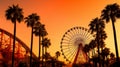 Vintage-inspired Ferris Wheel Under Orange Sky With Palm Trees