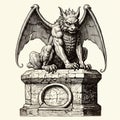 Vintage-inspired Illustration Of A Satirical Gargoyle On Pedestal