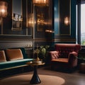 A vintage-inspired jazz lounge with velvet seating, brass instruments as decor, and low lighting2