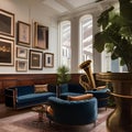 A vintage-inspired jazz lounge with velvet seating, brass instruments as decor, and low lighting1