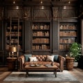 A vintage-inspired library with a 3D wood panel wall Royalty Free Stock Photo