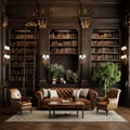 A vintage-inspired library with a 3D wood panel wall Royalty Free Stock Photo