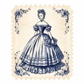 Vintage Victorian Lady Illustration On Blue Stamp Royalty Free Stock Photo