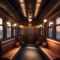 A vintage-inspired train car interior with upholstered benches, luggage racks, and brass fittings2