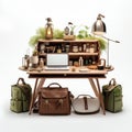 Vintage-inspired Wood Desk With Laptop And Backpacks