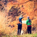 Vintage instagram couple hiking in autumn forest Royalty Free Stock Photo