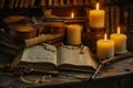 Vintage instruments candles books. Generate AI