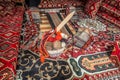 Vintage interior of arabic house with loom and carpets