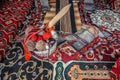 Vintage interior of arabic house with loom and carpets