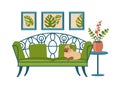 Vintage interior couch with sleeping pug. Dog lies on green openwork sofa