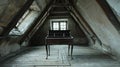 Vintage interior design of attic room a dark wooden piano on worn-out floors. Aged walls, exposed beams, and a small window Royalty Free Stock Photo