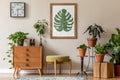 Vintage living room interior with retro wooden commode.