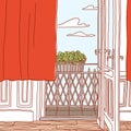 Vintage interior, old apartment, view at the open balcony, summer vector illustration Royalty Free Stock Photo