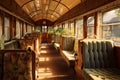 Vintage interior of an old fashioned Train carriage in sunny summer day