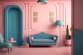 Vintage interior in pink and blue colors of the living room of the house. 3d illustration. Retro style sofa, armchair, coffee Royalty Free Stock Photo