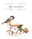 Vintage invitation card with retro design - watercolor bird, tea cup and rose flower Royalty Free Stock Photo