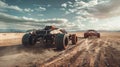 Vintage iron cars drive in desert in future, old vehicle race in post apocalypses. Theme of dystopia, speed, steampunk, fantasy