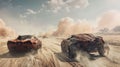 Vintage iron cars drive in desert in future, old vehicle race in post apocalypses. Theme of dystopia, speed, steampunk, wasteland