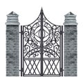 Vintage iron gate, vector metal wrought mansion entrance, gray stone pillars, brick columns on white.