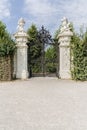 Vintage iron gates at castle with amazing decor on wrought-iron gates