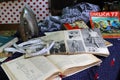 Vintage iron, textiles, old magazines and books at the retro festival in Volgograd