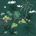 Vintage Island and palm trees hand drawing sketch line in seamless pattern vectoe for fashion fabric and all prints Royalty Free Stock Photo