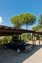 Vintage italian sports car parked in a pine tree shade at typical Tuscany countryside, near San Gimignano