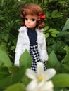 A vintage Japanese doll named LICCA chan. She`s standing in a fresh green garden.