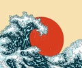 Vintage japanese engraving style great wave. Royalty Free Stock Photo