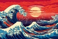 Vintage Japanese engraving style great wave. Japanese ocean or sea water waves drawing with sun,