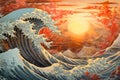 Vintage Japanese engraving style great wave. Japanese ocean or sea water waves drawing with sun, Royalty Free Stock Photo