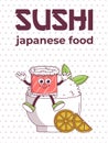 Vintage Japanese food character Sushi. Roll filadelfia on plate rice groovy style. Cartoon design poster seafood for bar