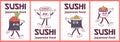 Vintage Japanese food character Sushi and Roll groovy style. Cartoon design poster set seafood for bar, restaurant