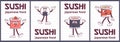 Vintage Japanese food character Sushi and Roll groovy style. Cartoon design poster set seafood for bar, restaurant Royalty Free Stock Photo