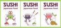 Vintage Japanese food character Sushi and Roll groovy style. Cartoon design poster set seafood for bar, restaurant Royalty Free Stock Photo