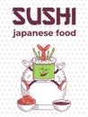 Vintage Japanese food character Sushi. Roll with shrimp on plate rice groovy style. Cartoon design poster seafood for