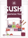 Vintage Japanese food characters Sushi, roll and more packed in lunch box groovy style. Cartoon design poster seafood Royalty Free Stock Photo