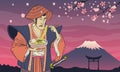 Vintage Japanese Painting Illustration of Men In Kimono Eats Ramen Noodle