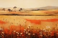 Summer Fields Painting, Summer Season, Warm Summery Fields, Abstract Vintage Japanese Lacquer Painting, Generative AI