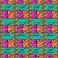 Vintage jewelry brooches on colorful background, seamless pattern
