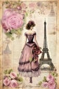 Vintage journal page, fashion illustration, french retro fashion summer dress Royalty Free Stock Photo