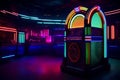 A vintage jukebox with neon lights.