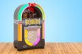 Vintage jukebox on the wooden planks, 3D rendering