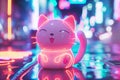 Vintage Kawai cute happy little cat in neon style