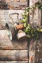 Vintage kerosene lamp hanging on hook on grunge wooden wall Royalty Free Stock Photo