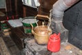 Vintage Kettle on old stove in Gypsy Caravan