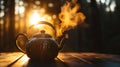 Vintage kettle steaming in sunrise light in outdoor forest setting Royalty Free Stock Photo